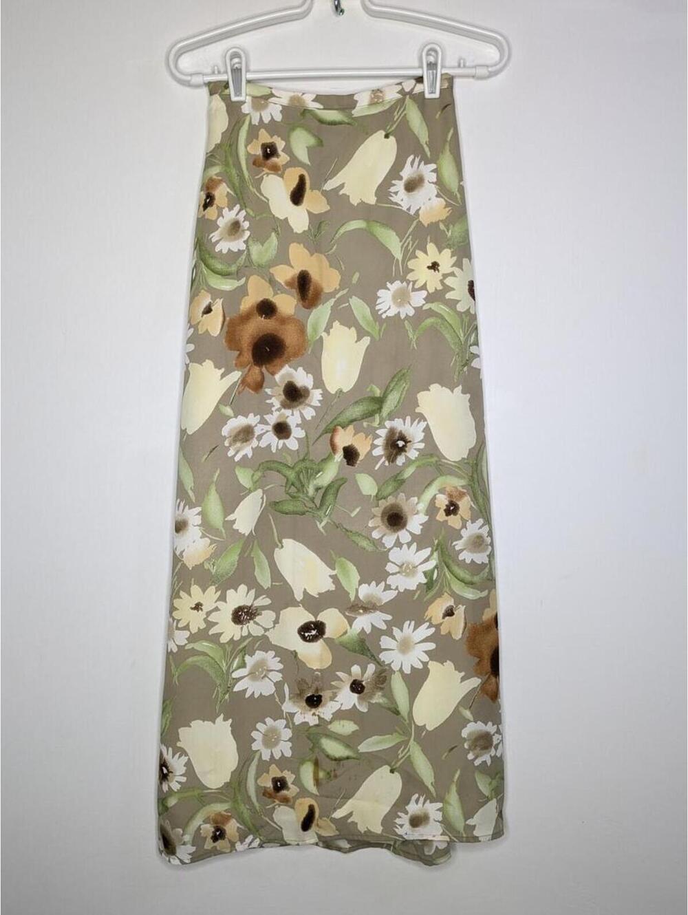 Vintage CC Hughes 90s Tan Green Floral Midi Skirt S